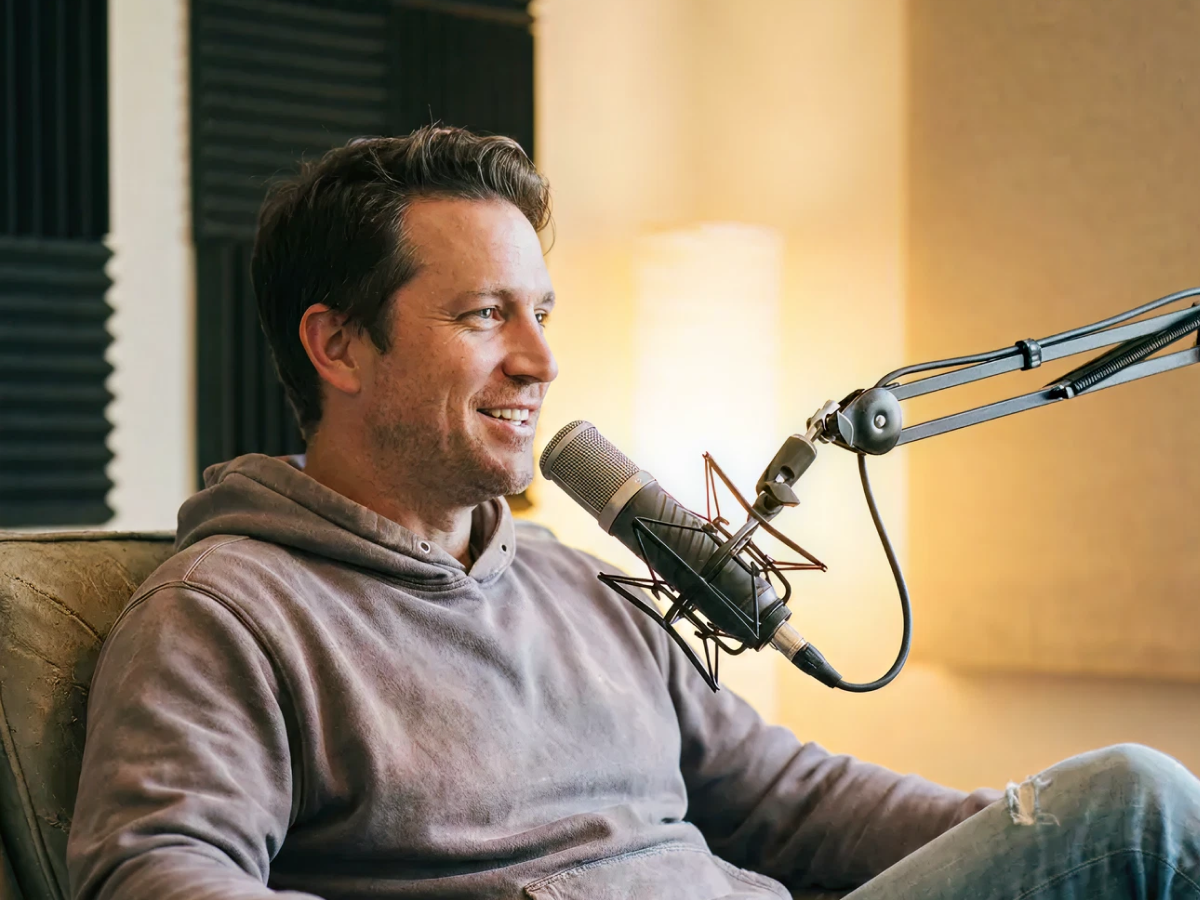 Podcaster recording with microphone - Open Podmod and record your podcast like you always do