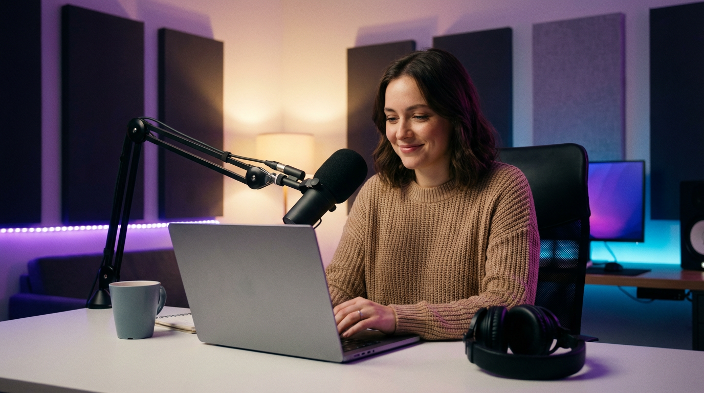 Podcaster reviewing notes after a recording session