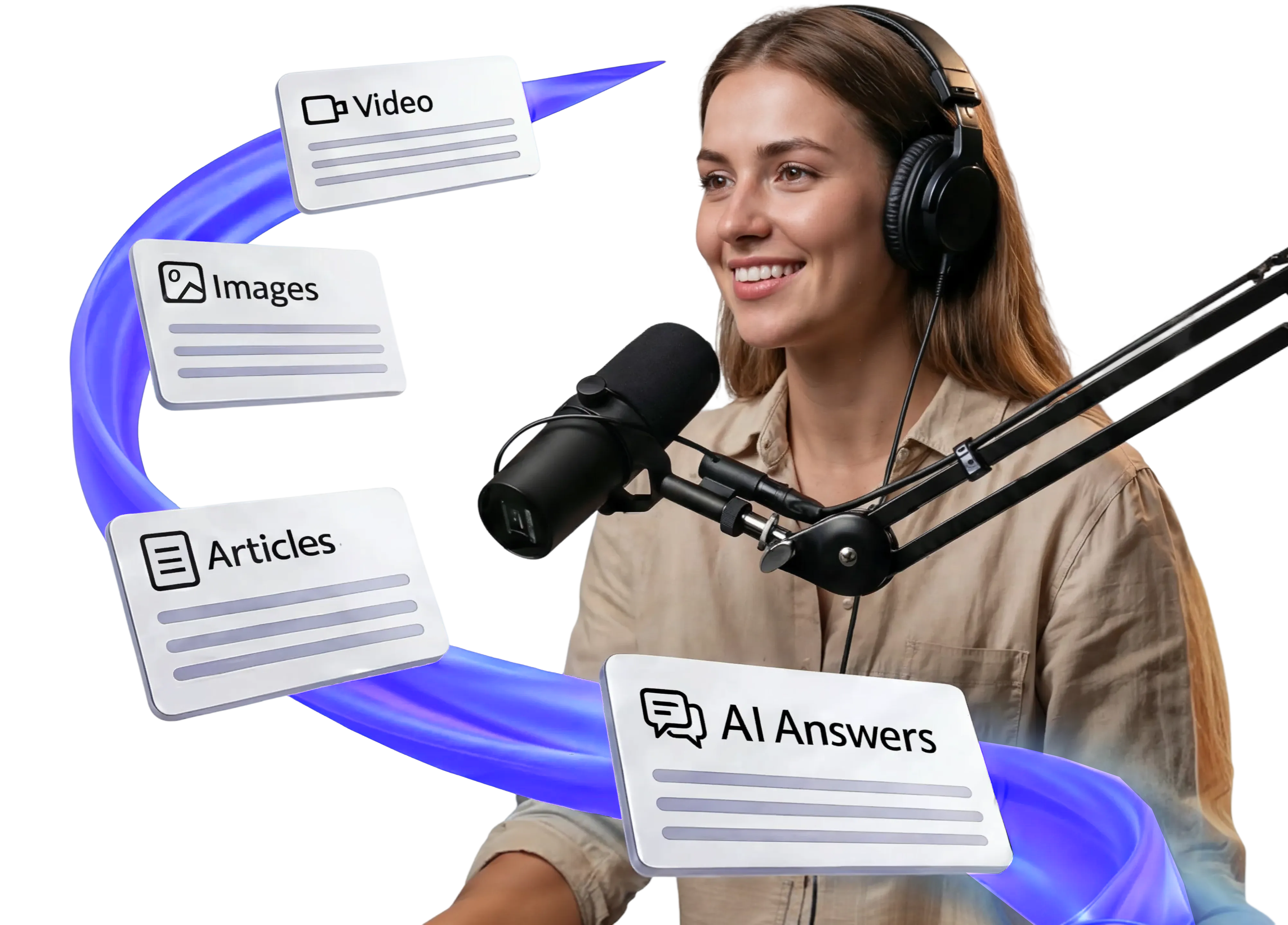 AI-powered podcast assistant showing real-time research cards including video, images, articles, and AI answers floating around a podcaster