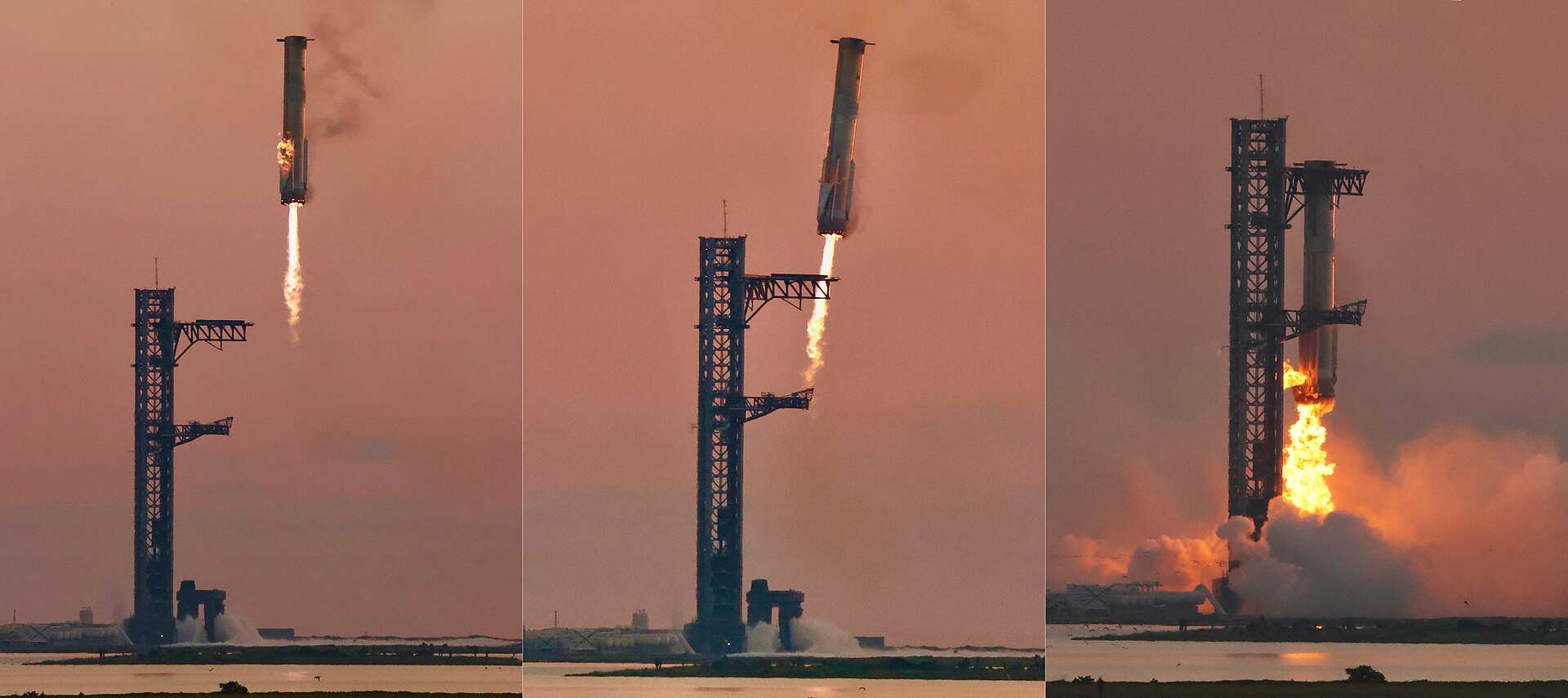 Composite sequence showing the Super Heavy booster's descent and catch
